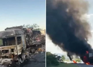 Incêndio em carreta interdita trecho da BR-242 e provoca congestionamento próximo a Itaberaba