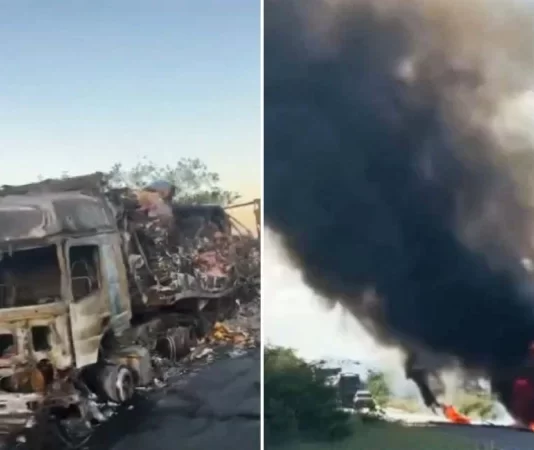 Incêndio em carreta interdita trecho da BR-242 e provoca congestionamento próximo a Itaberaba